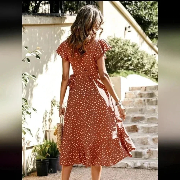 Polka Dot Print Butterfly Sleeve Knot Side Ruffle Trim Wrap Dress - Picture 4 of 5